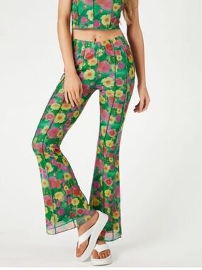 Forever 21 Floral Mesh Flare Pants Retro 70s Epcot Flower Garden Mod Fairy Y2K